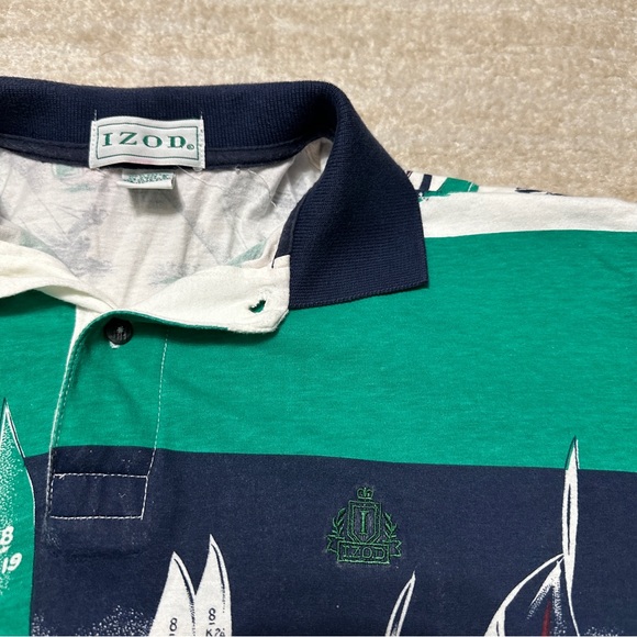 Vintage Izod Men's Small All Over Print Sailboat Polo Shirt Abstract AOP Green - Picture 3 of 8